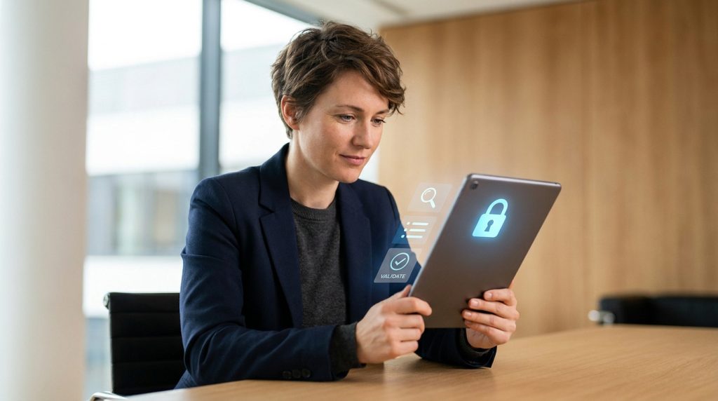 Une femme d'affaires utilise une tablette affichant des icônes numériques de sécurité pour s'inscrire à une formation CPF.