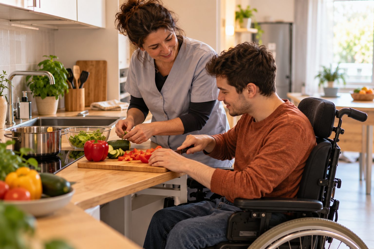 Accompagnante éducative et sociale aidant un jeune adulte en fauteuil à préparer un repas
