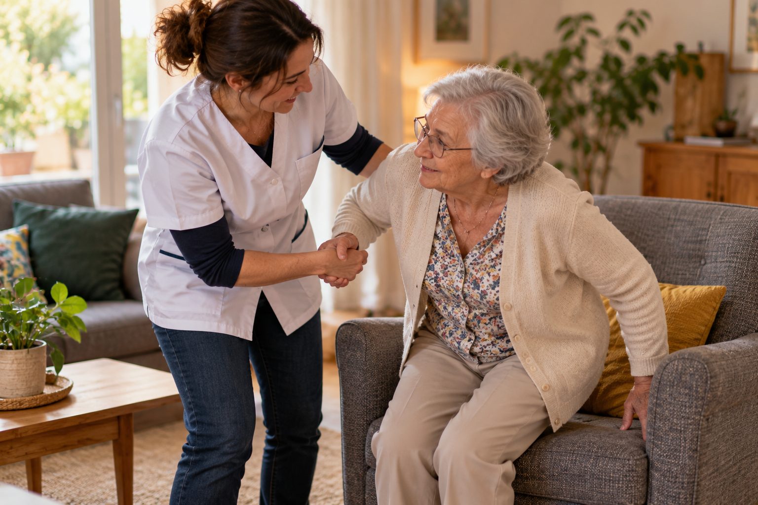 Aide à domicile aidant une dame âgée à se lever de son fauteuil