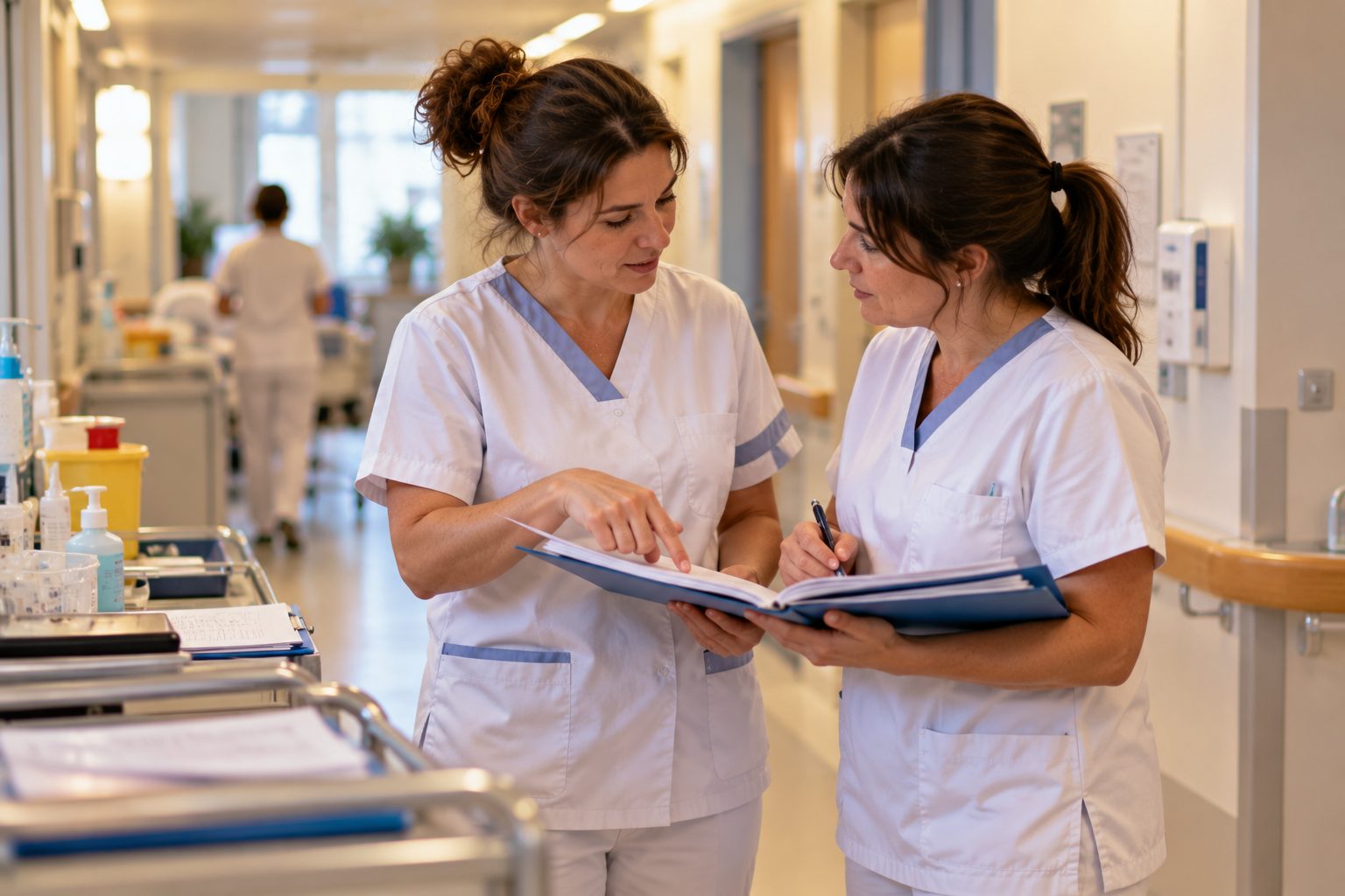 Deux aides-soignantes font une transmission d’équipe dans un couloir d’hôpital