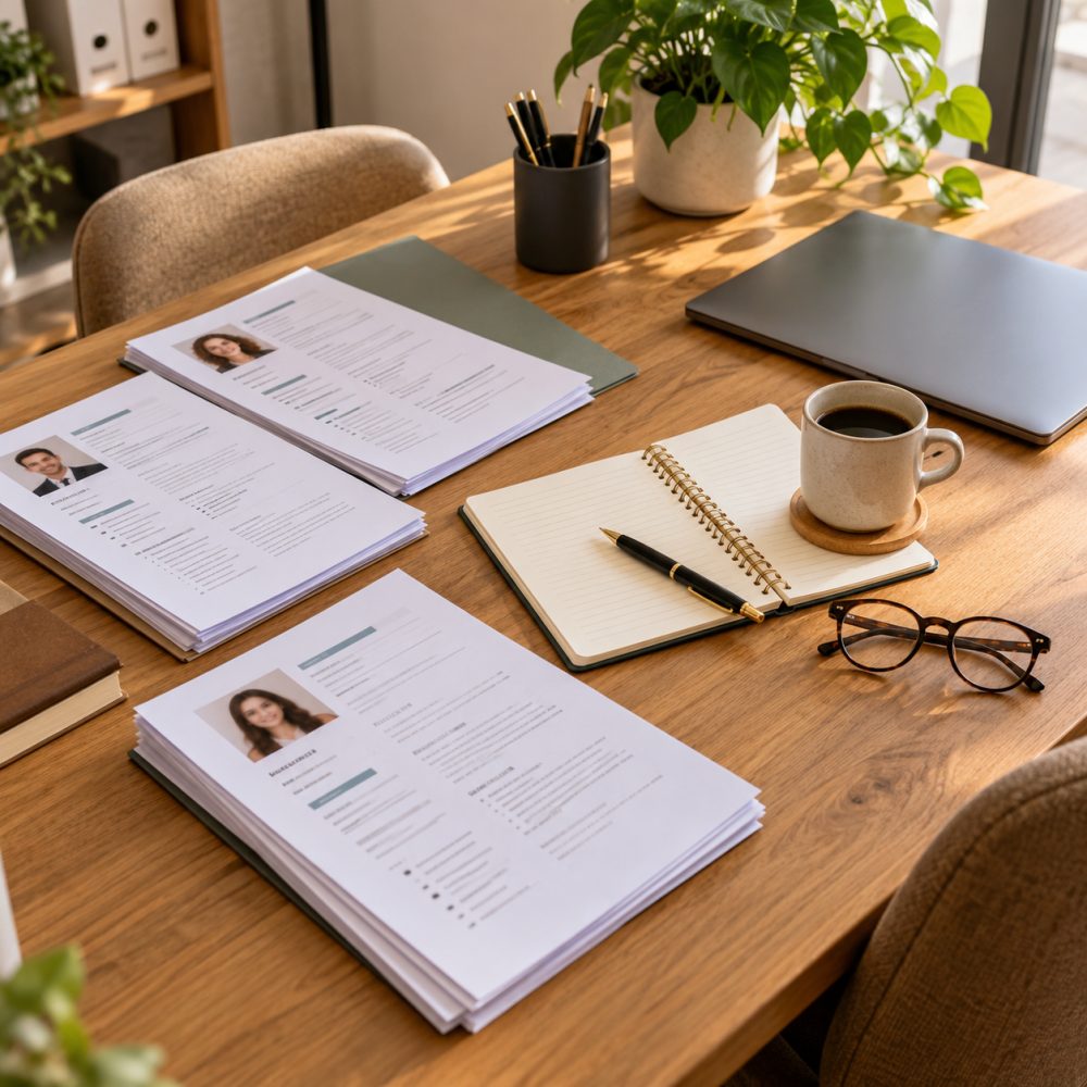 Bureau de recruteuse avec dossiers de candidature, carnet, café et lunettes