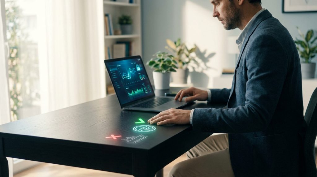 Un homme en costume devant un ordinateur choisit entre des options de formation illustrées par des icônes holographiques.