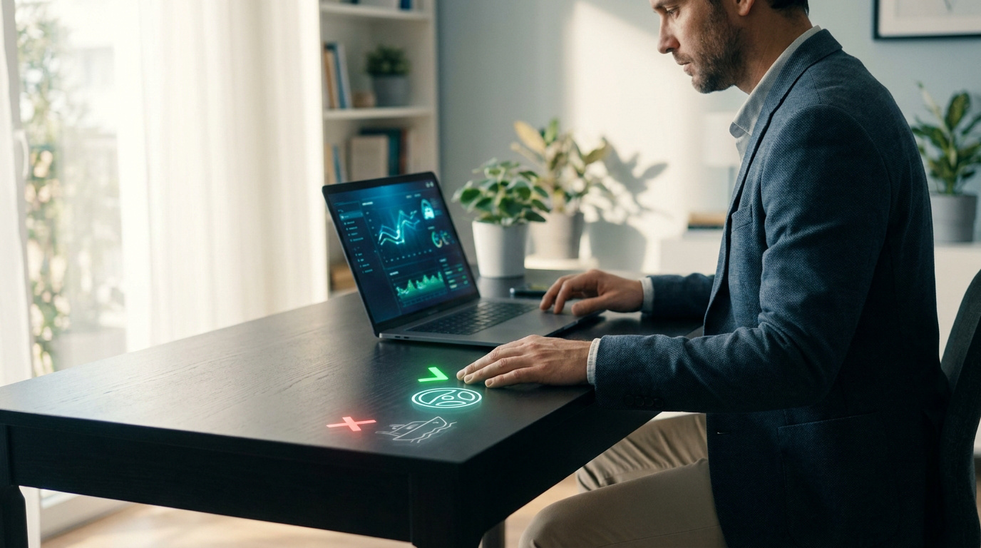 Un homme en costume devant un ordinateur choisit entre des options de formation illustrées par des icônes holographiques.