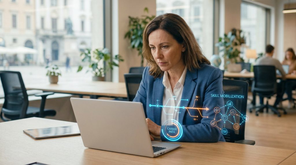 Une femme travaillant sur son ordinateur portable dans un bureau avec des graphiques numériques sur sa carrière.