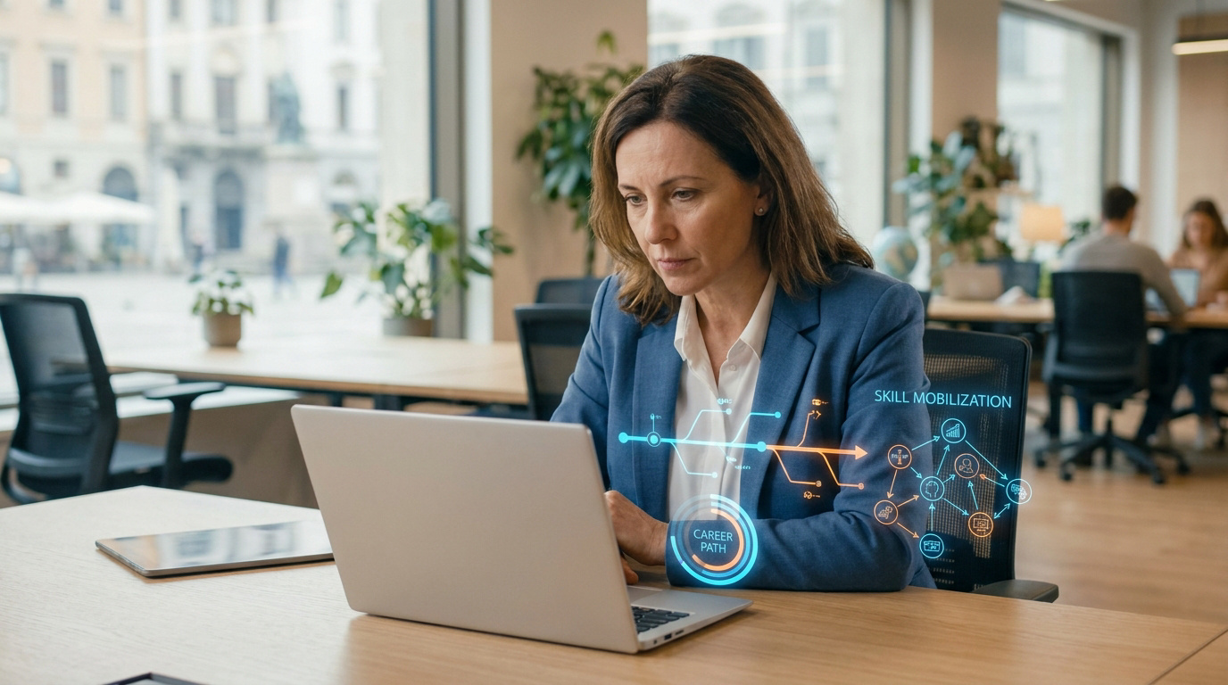 Une femme travaillant sur son ordinateur portable dans un bureau avec des graphiques numériques sur sa carrière.