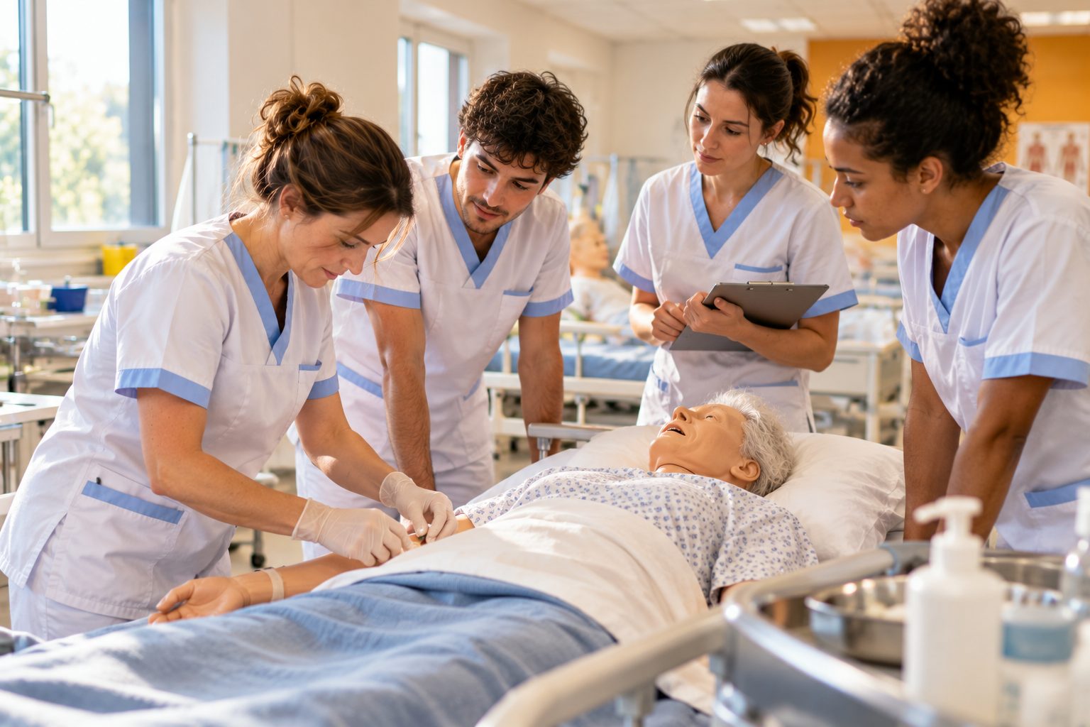 Élèves aides-soignants s’entraînant aux gestes de soins en salle de travaux pratiques