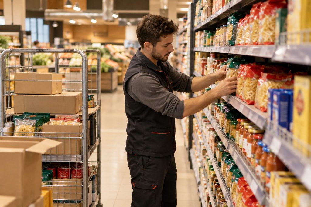 Employé libre-service rangeant des produits en rayon dans un supermarché