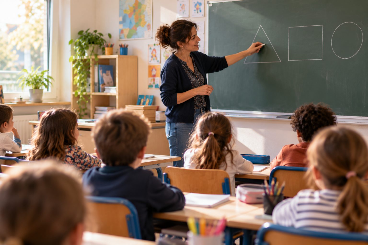 Enseignante de primaire qui dessine des formes géométriques au tableau devant sa classe