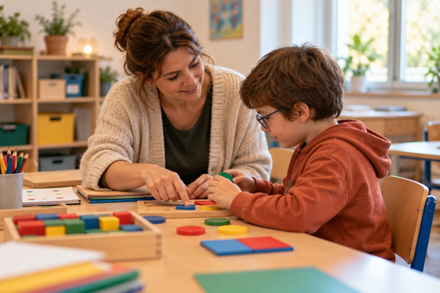 Enseignante spécialisée accompagnant un élève avec du matériel pédagogique