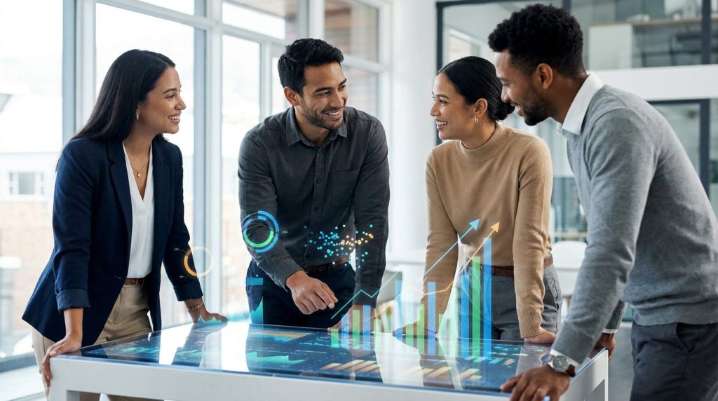 Groupe diversifié de professionnels souriants analysant des graphiques interactifs sur une table numérique tactile.