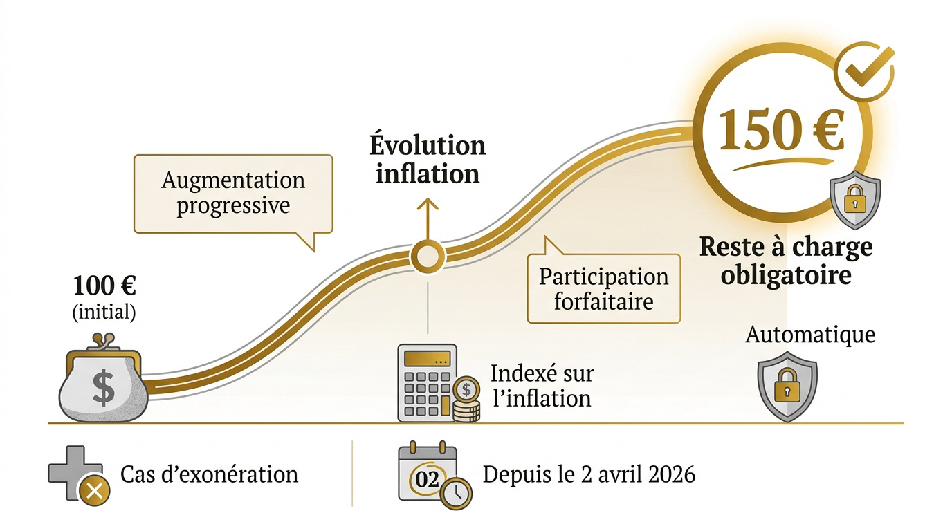 Graphique de l'évolution de la participation forfaitaire du CPF, de 100 € à 150 €