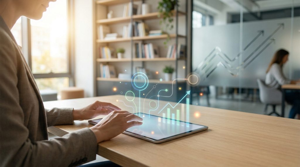 Une personne utilise une tablette affichant des graphiques digitaux lumineux dans un bureau moderne.