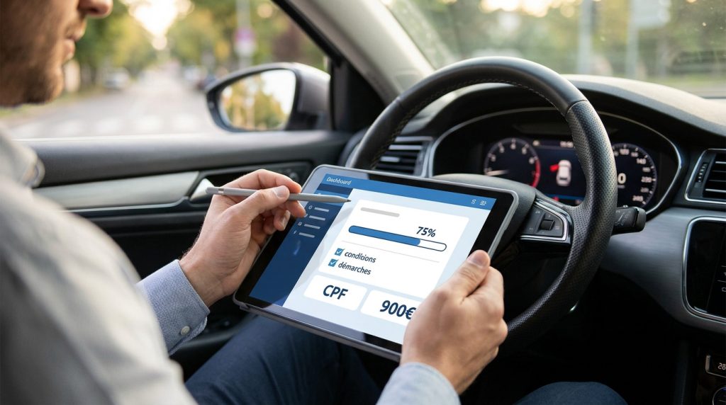 Un conducteur utilise une tablette tactile pour gérer le financement de son permis de conduire via le CPF en voiture.