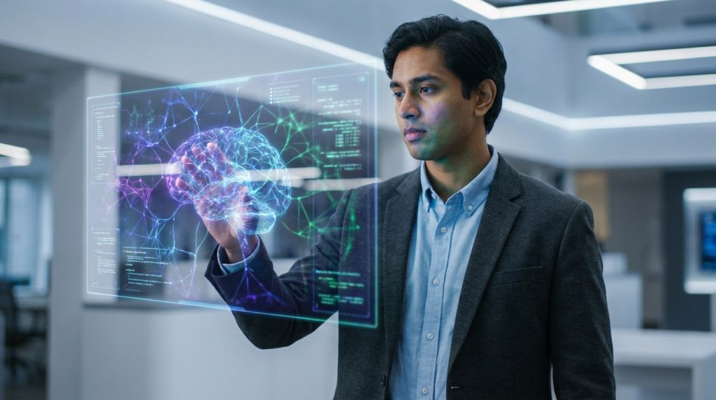 Un homme en costume interagissant avec une interface holographique représentant un cerveau numérique.