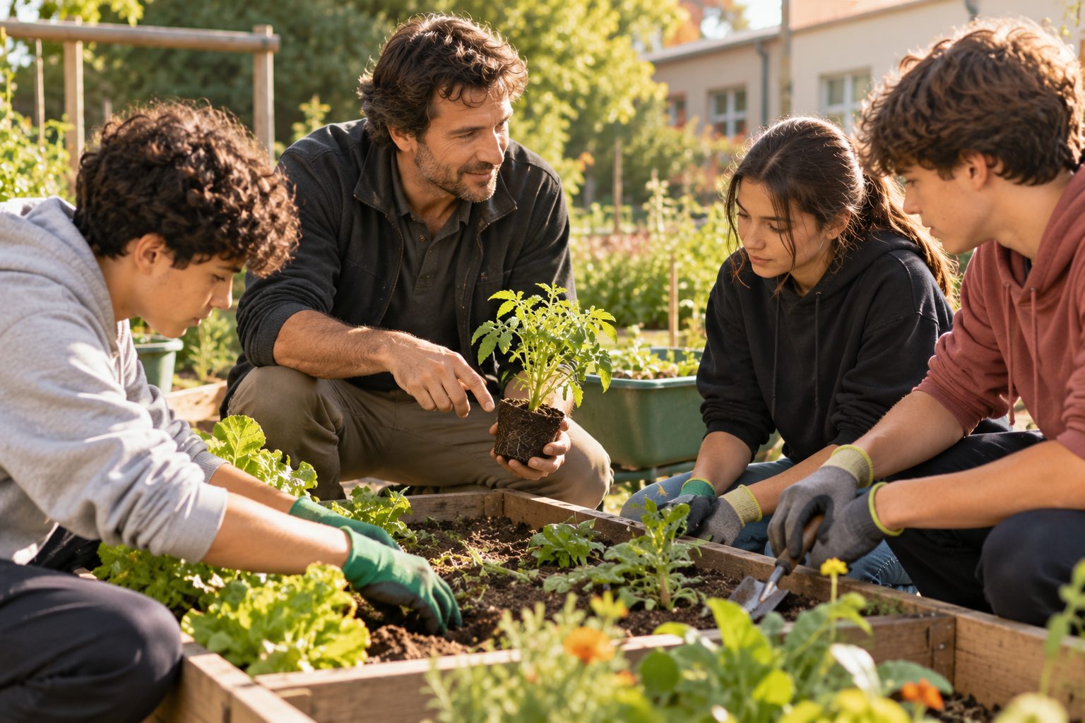 Moniteur éducateur animant un atelier de jardinage avec des adolescents