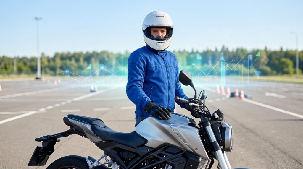 Un motard en équipement complet sur sa moto avec des graphiques numériques superposés en arrière-plan.
