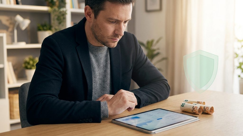 Homme consultant une tablette avec des billets de 50 euros et une icône de bouclier de sécurité sur la table.