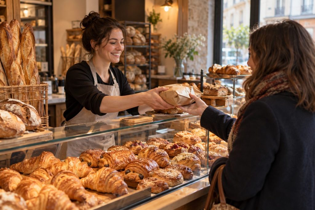 Vendeuse en boulangerie servant une cliente au comptoir